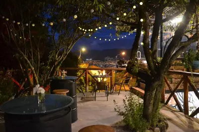 a patio with a tree and a table with lights at Supertramp Hostel Cusco in Cusco