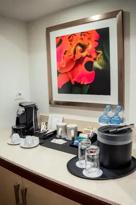 a desk in a hotel room with a flower on the wall at Hilton Garden Inn Cusco in Cusco