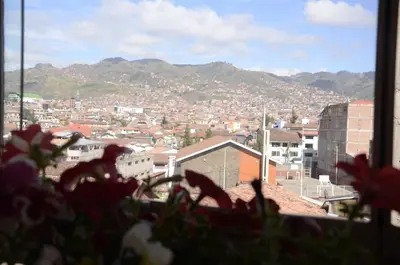 a view of a city from a window with flowers at Aqua Hotel Cusco in Cusco