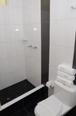 a bathroom with a toilet and a shower with towels at Aqua Hotel Cusco in Cusco