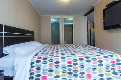 a bedroom with a large bed with a floral bedspread at Ocean View Beautiful Aparment in Lima
