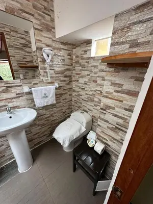 a bathroom with a sink and a toilet in it at Parwa Guest House in Ollantaytambo