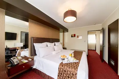 a hotel room with a large bed and a phone at Hotel Carrera in Lima