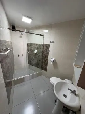 a bathroom with a shower and a toilet and a sink at La Casa de Bamboo in Ica