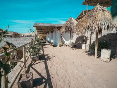 a resort with a beach with a straw roofed building at Ecocamp Huacachina in Ica