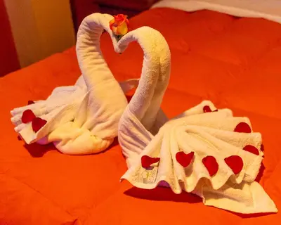 two towels shaped like swans sitting on a bed at Peru Quechua's Lodge Ollantaytambo in Ollantaytambo