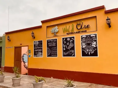 a yellow building with posters on the side of it at Wild Olive Guest House in Ica