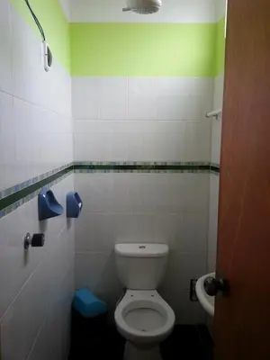 a bathroom with a white toilet and a green wall at Hostal Arcangel in Abancay
