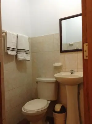a bathroom with a toilet and a sink and a mirror at Hostal La Estancia in Ica