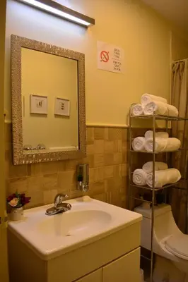 a bathroom with a sink and a mirror and a toilet at Kangaroo Wasi Airport Bed & Breakfast in Lima