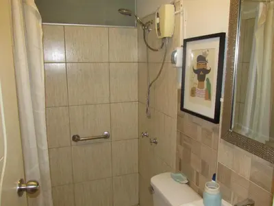 a bathroom with a shower and a toilet with a picture on the wall at Kangaroo Wasi Airport Bed & Breakfast in Lima