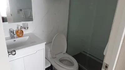 a bathroom with a toilet and a sink and a mirror at Lima Flats 3 in Lima
