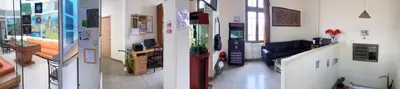 two pictures of a room with a pharmacy at Lima House Hostel in Lima