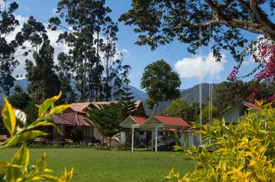 a view of the house from the yard at Cemayu Lodge in Oxapampa