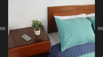 a bed with a table with a pillow and a plant on it at Montreal Hostal in Lima