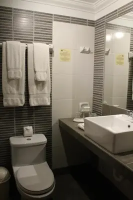 a bathroom with a white toilet and a sink at Hotel Antigua Miraflores in Lima