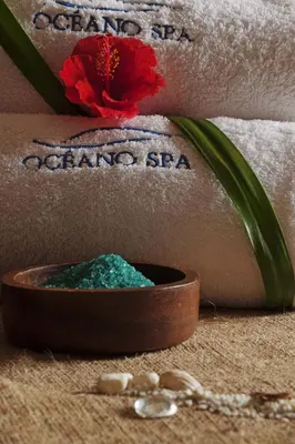 a bowl with a red flower sitting next to a towel at La Hacienda Bahia Paracas in Paracas