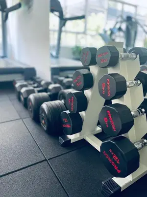 a row of dumbbells on the floor in a gym at Alpes Lima Kennedy Hostel in Lima