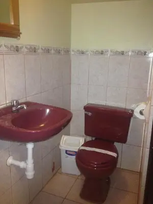a bathroom with a red toilet and a sink at Casa Grande Colonial Palace in Cusco