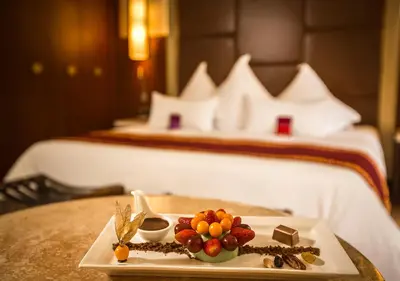 a tray of fruit on a table in a hotel room at Sumaq Machu Picchu Hotel in Machu Picchu
