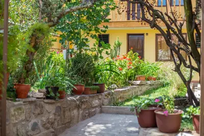 a garden with potted plants in front of a yellow building at Hosteria de Anita in Cusco