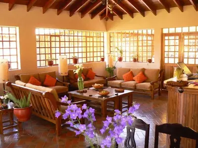 a living room with couches and a table with purple flowers at Amaru Valle Hotel in Urubamba