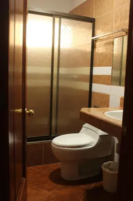 a bathroom with a toilet and a sink and a shower at Tinoco Apart Hotel in Ayacucho