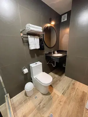 a bathroom with a toilet and a sink and a mirror at Habitat Hotel in Lima