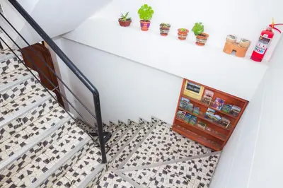 a staircase with potted plants on a white wall at Boutique Amaru Wasi in Cusco