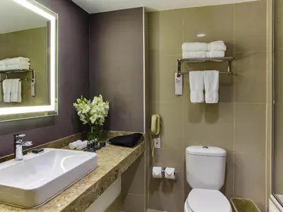 a bathroom with a sink and a toilet and a mirror at Pullman Lima San Isidro in Lima