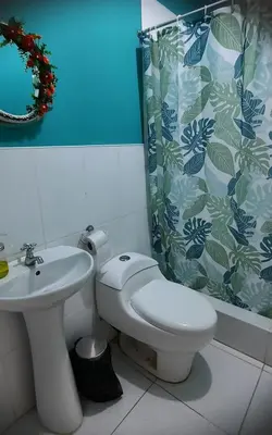 a bathroom with a toilet and a sink and a shower curtain at Hostal Brisa Marina in Paracas