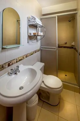 a bathroom with a toilet and a sink and a shower at Katari Plaza Cusco El Virrey in Cusco