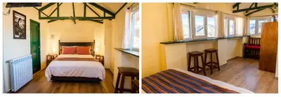 two pictures of a bedroom with a bed and windows at Hostal Corihuasi in Cusco
