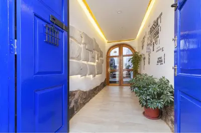a blue door in a hallway with potted plants at Casona les Pleiades in Cusco