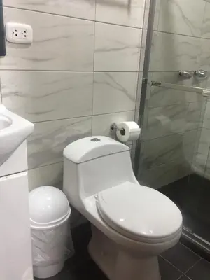 a bathroom with a white toilet and a shower at A-Hope Suite Hotel in Huancayo
