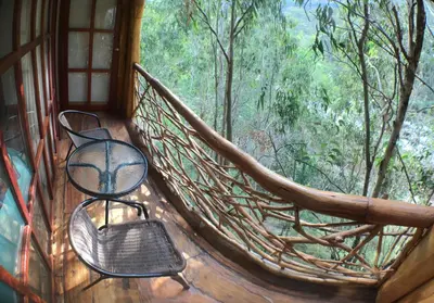 a balcony of a house with a view of the forest at Eco Quechua Lodge in Santa Teresa