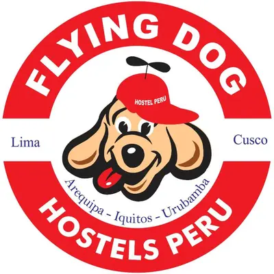 a drawing of a dog wearing a hat in a red sign at Flying Dog Lima B&B in Lima