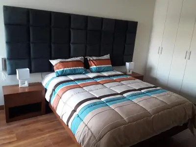 a bedroom with a large bed with a large headboard at Miraflores Heart Apartment in Lima
