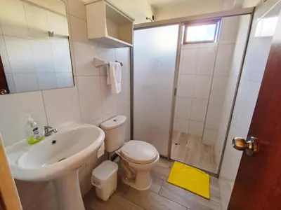 a bathroom with a sink and a toilet and a shower at Hospedaje Cattleya in Oxapampa