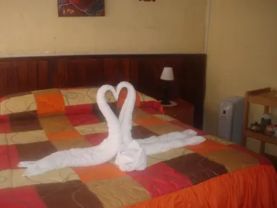 two swans made out of towels on a bed at Samay Wasi Hostel in Cusco