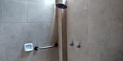 a bathroom with a shower with a shower curtain at Casa Hacienda Nasca Oasis in Nazca
