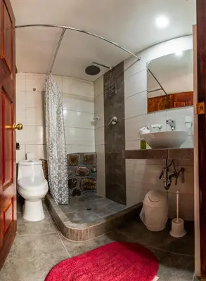 a bathroom with a shower and a sink and a toilet at Askha Cusco in Cusco