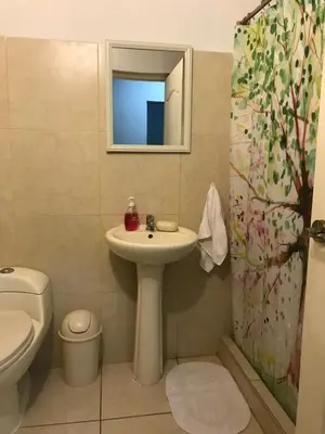 a bathroom with a sink and a toilet and a mirror at Uli´s house in Lima