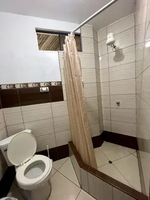 a bathroom with a toilet and a shower at Hospedaje Familiar Laos in Oxapampa