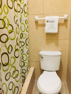 a bathroom with a toilet and a shower curtain at Hostal Carlos Tenaud in Lima