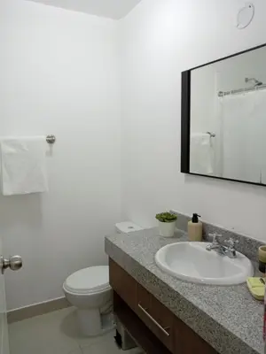 a bathroom with a sink and a toilet and a mirror at Departamento BH South in Lima