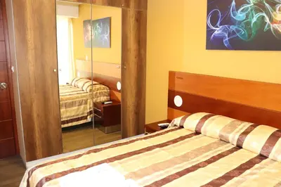 a bedroom with a bed and a mirror at Residencial Cafferata in Lima