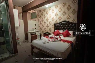 a bedroom with a large bed with red pillows at Hostal Spring II in Huánuco