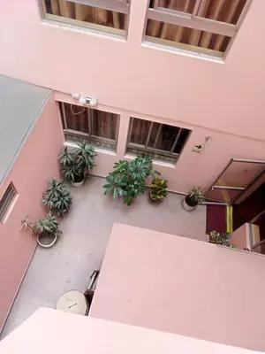 an empty room with potted plants and a table at Hotel Mandarin in Lima