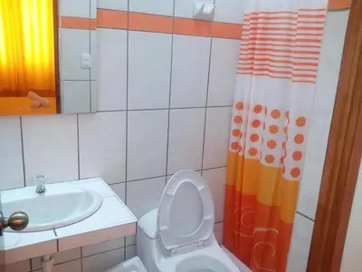 a bathroom with a toilet and a sink and a shower curtain at Antares Paracas in Paracas